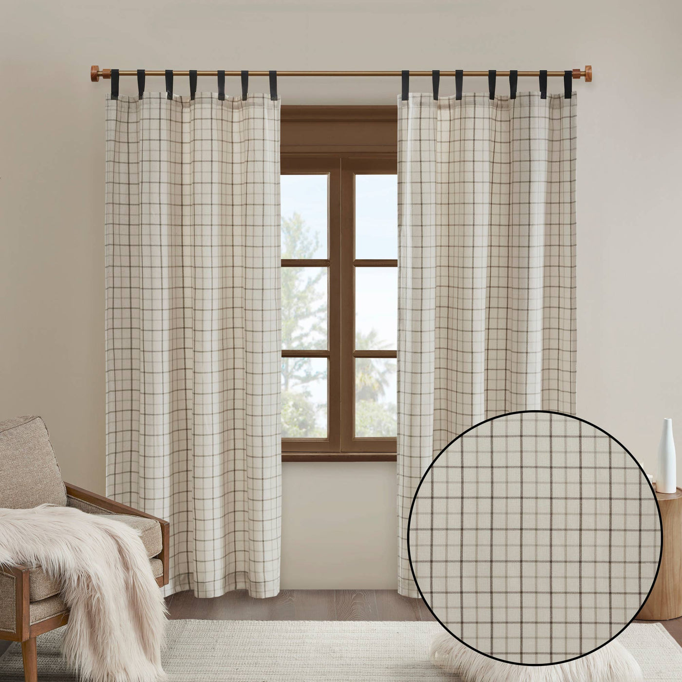 Plaid Fleece Lining Window Panel, Ivory: 95"