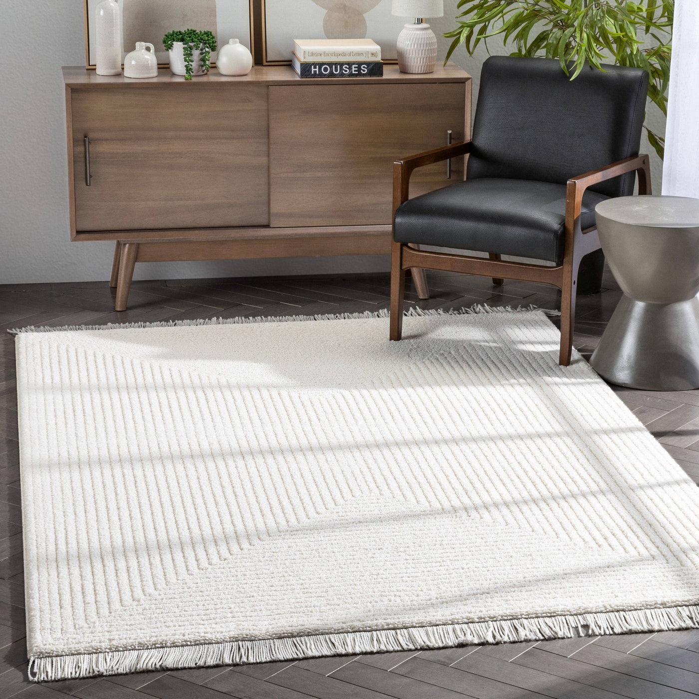 Monroe Solid & Striped Textured Ivory Ultra Soft: 5'3" x 7'3"