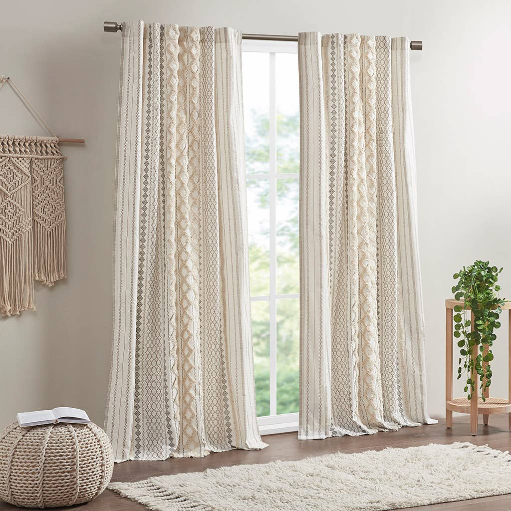Cotton Printed Curtain Panel Chenille Stripe Lining, Ivory: Ivory / 50"W x 95"L