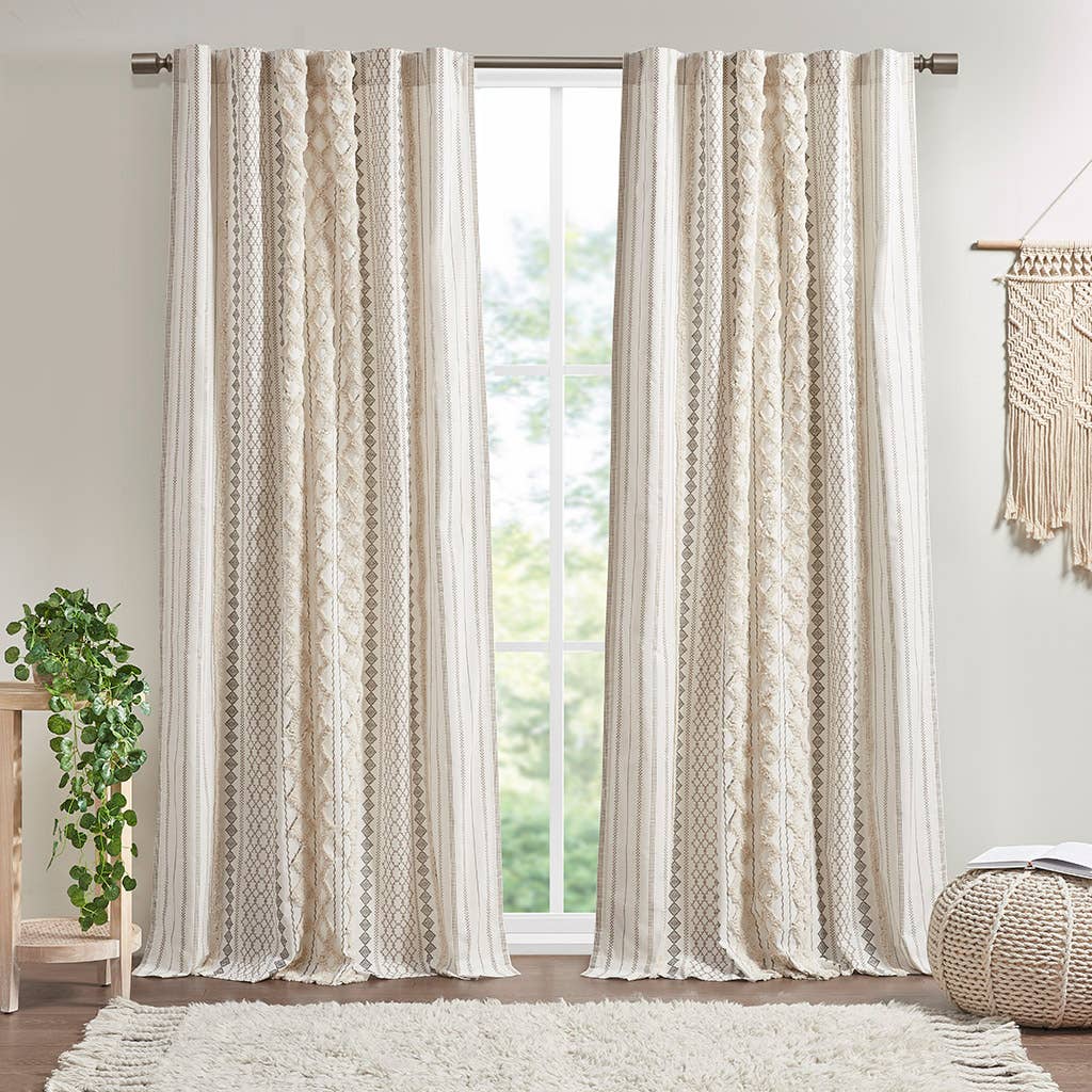 Cotton Printed Curtain Panel Chenille Stripe Lining, Ivory: Ivory / 50"W x 95"L